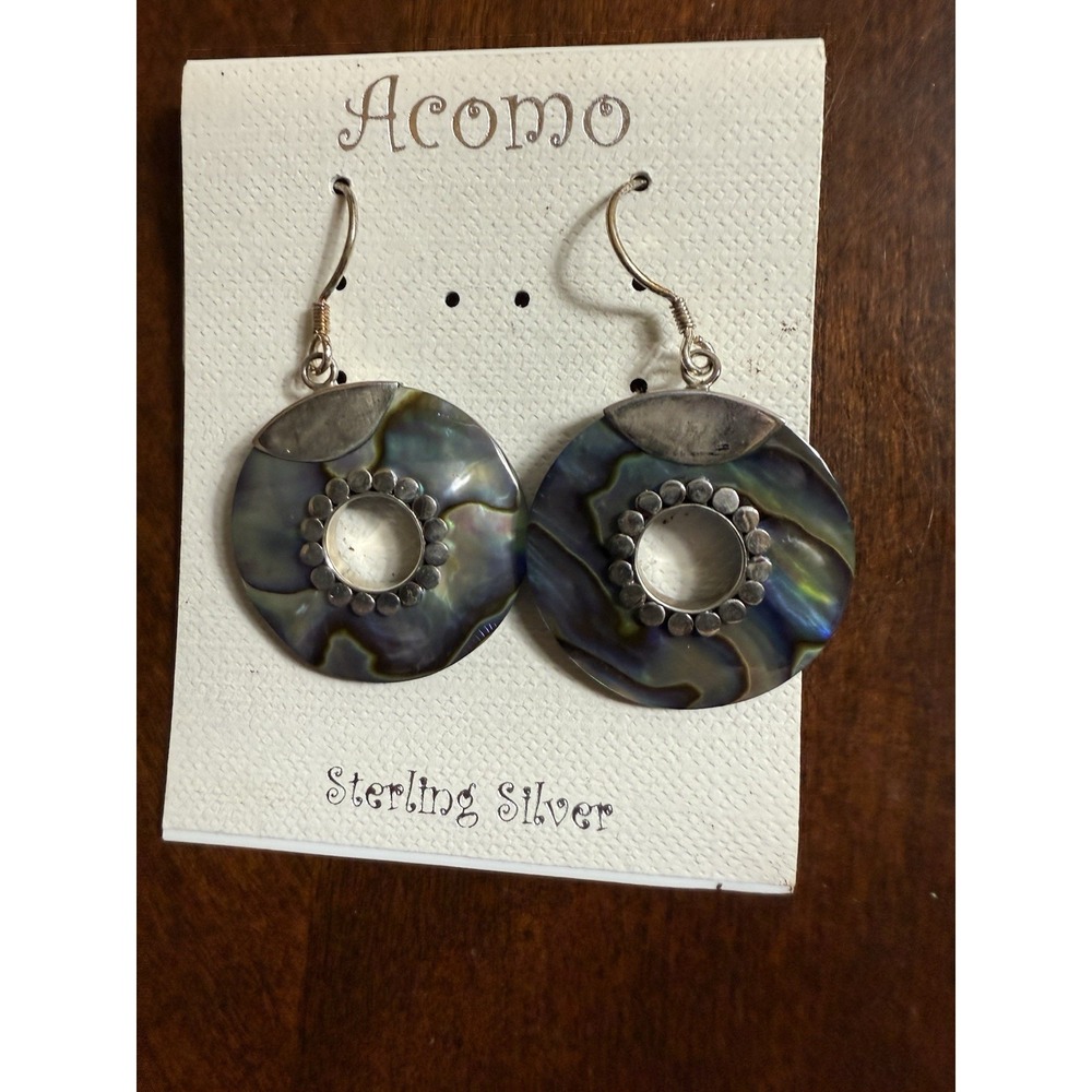 Vtg Acomo Sterling Silver Abalone Shell Donut Dangle Earrings Boho 925